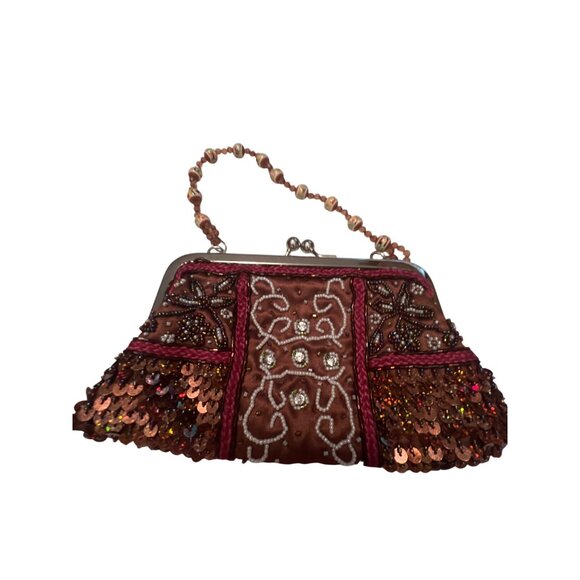 Vintage Beaded Sequin Evening Clutch Purse With Metal Clasp & Beaded Handle - Picture 3 of 4